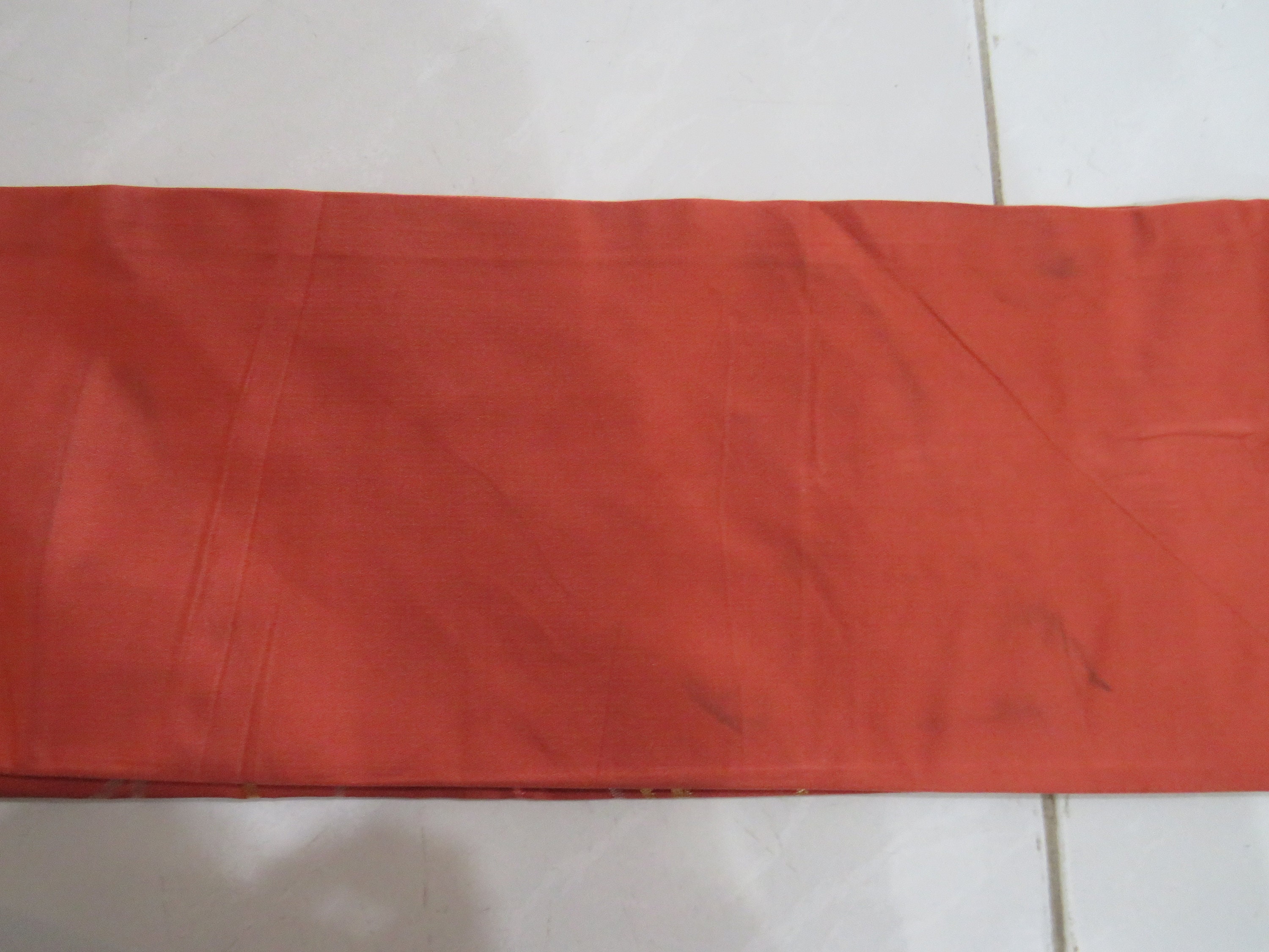 Vintage Brick Red Tiger Silk Nagoya Obi With Bullock Cart