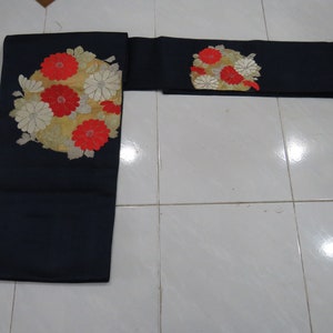 Vintage brick dark blue silk nagoya obi with flower FOB030822-08