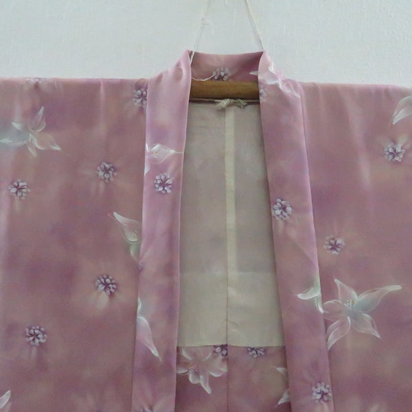 Vintage Japanese jacket haori red salmon color flower pattern kimono robe nightwear 05JANUARY01-03