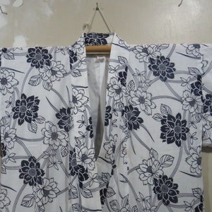 Vintage Japanese cotton yukata white blue color flower pattern kimono robe nightwear 25MAY22-14