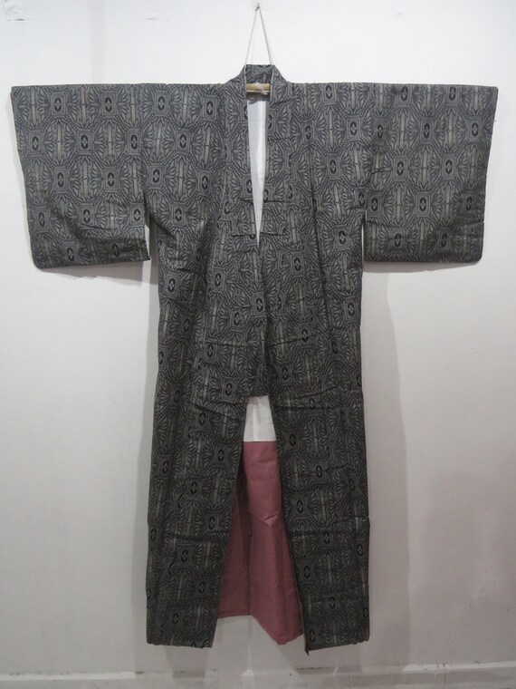 Vintage Japanese kimono black grey color abstract… - image 3