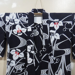 Vintage Japanese cotton yukata dark blue color flower pattern kimono robe nightwear 02JUNE22-18