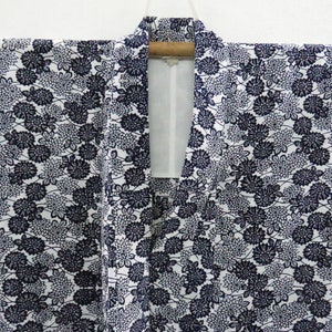 Vintage Japanese cotton yukata white and dark blue color flower pattern kimono robe nightwear 02FEBRUARY01-12