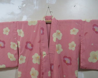 Vintage Japanese cotton yukata pink color flower pattern kimono robe nightwear 28APRIL22-13