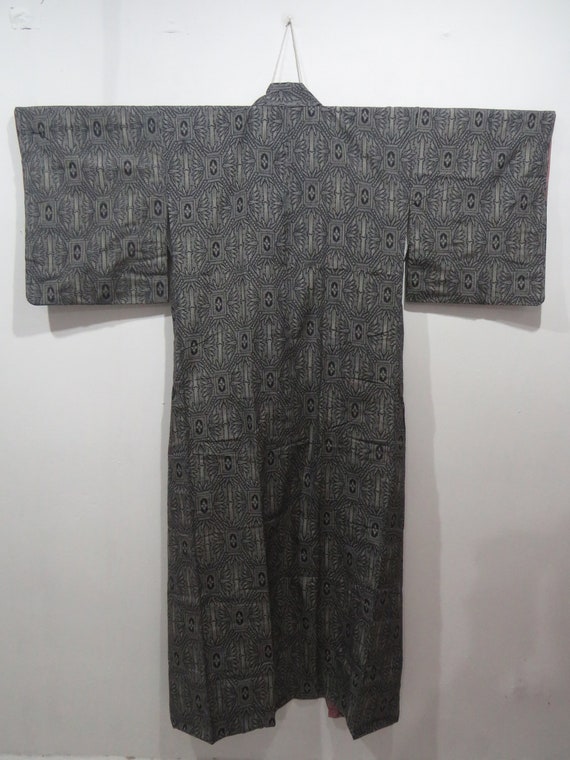 Vintage Japanese kimono black grey color abstract… - image 4