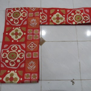 Vintage brick red silk nagoya obi with abstract FOB080822-04