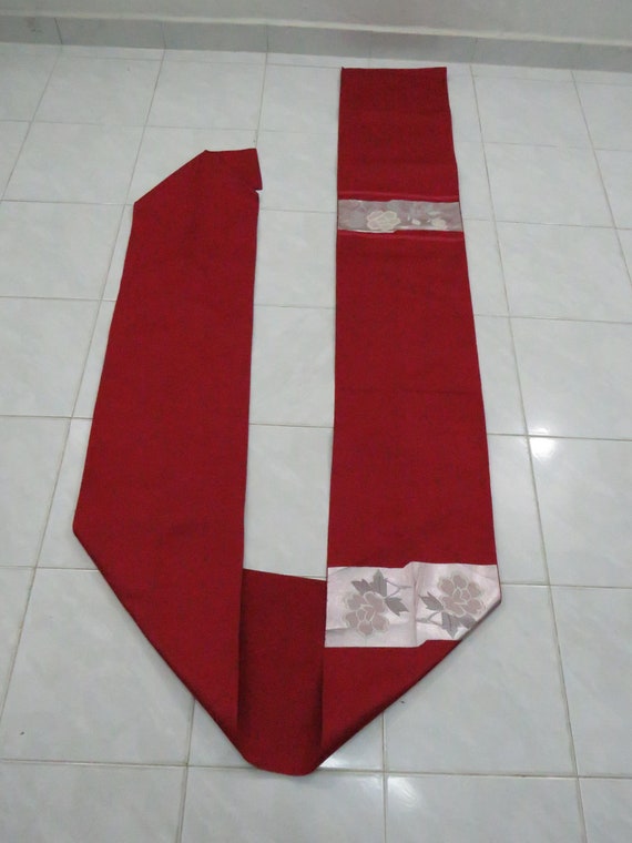 Vintage brick dark red silk nagoya obi with flowe… - image 3