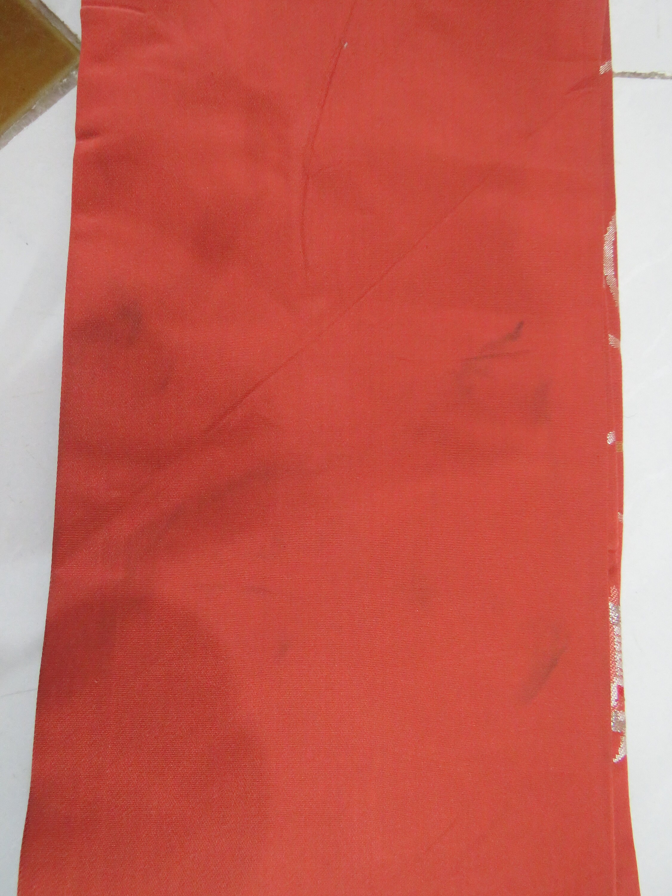 Vintage Brick Red Tiger Silk Nagoya Obi With Bullock Cart