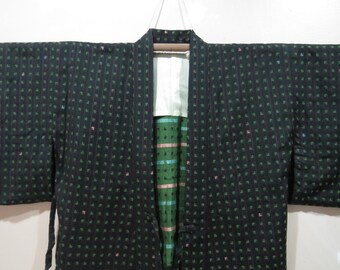 Vintage Japanese Jacket haori dark green color flower pattern kimono robe nightwear 13JUNE22-25