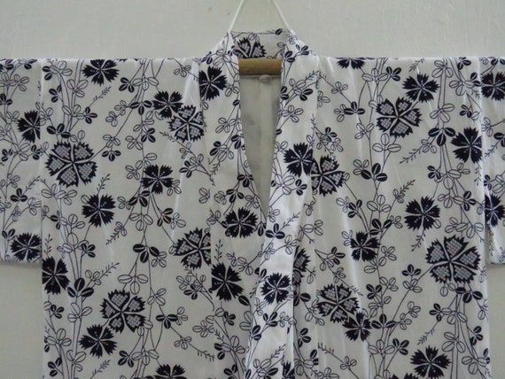 Vintage Japanese Cotton Yukata White and Blue Color Flower