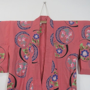 Vintage Japanese cotton yukata pink peach color flower pattern kimono robe nightwear 26MAY23-03