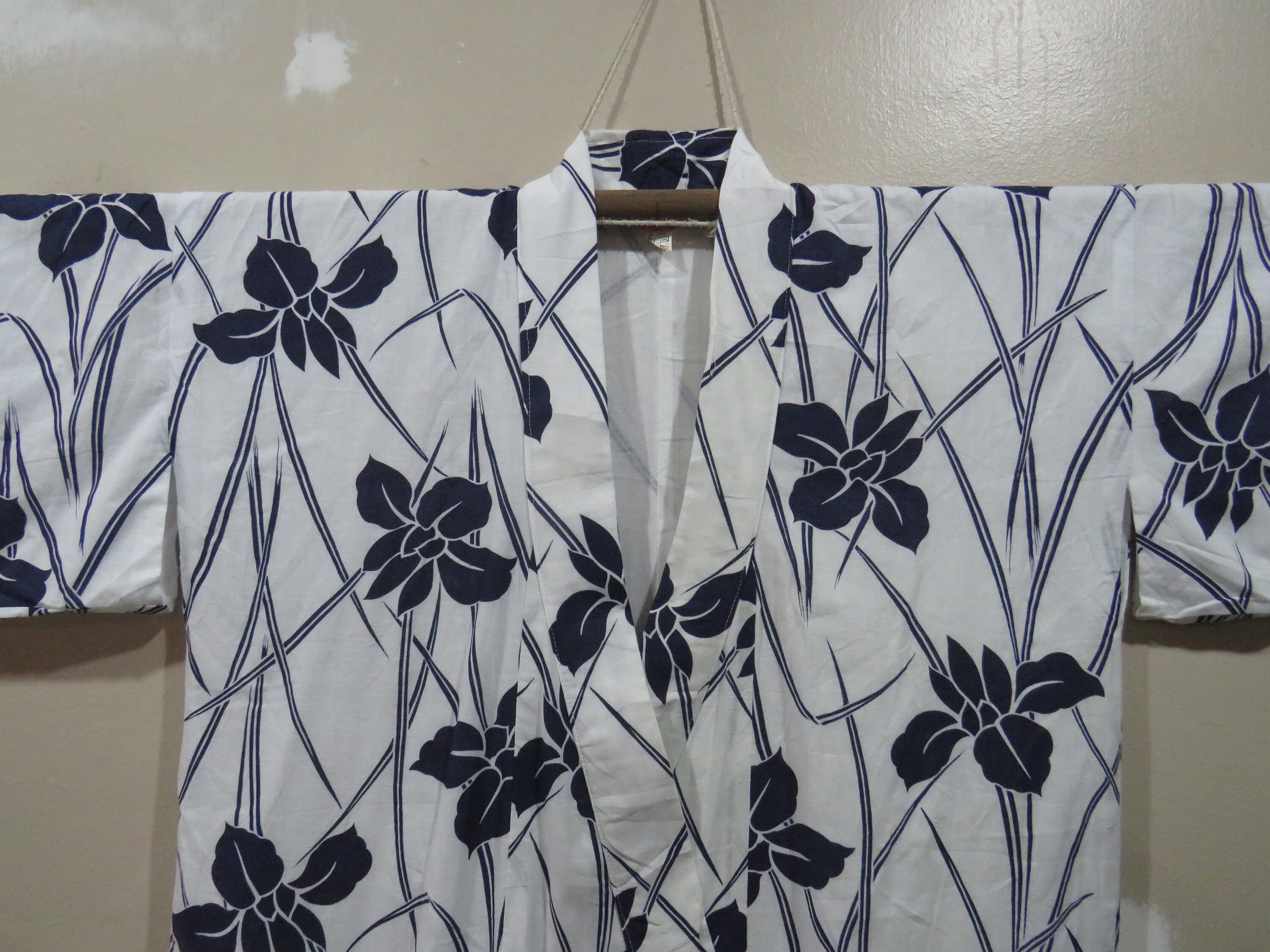 Vintage Japanese Cotton Yukata Navy Blue and White Color Flower