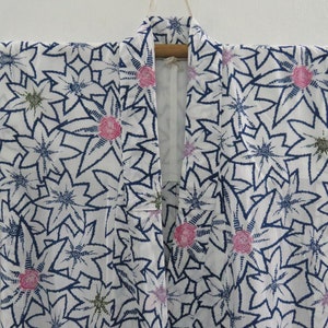 Vintage Japanese cotton yukata white blue color flower pattern kimono robe nightwear 24DECEMBER00-01