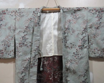 Vintage Japanese Jacket haori grey color flower pattern kimono robe nightwear 09MAY22-16