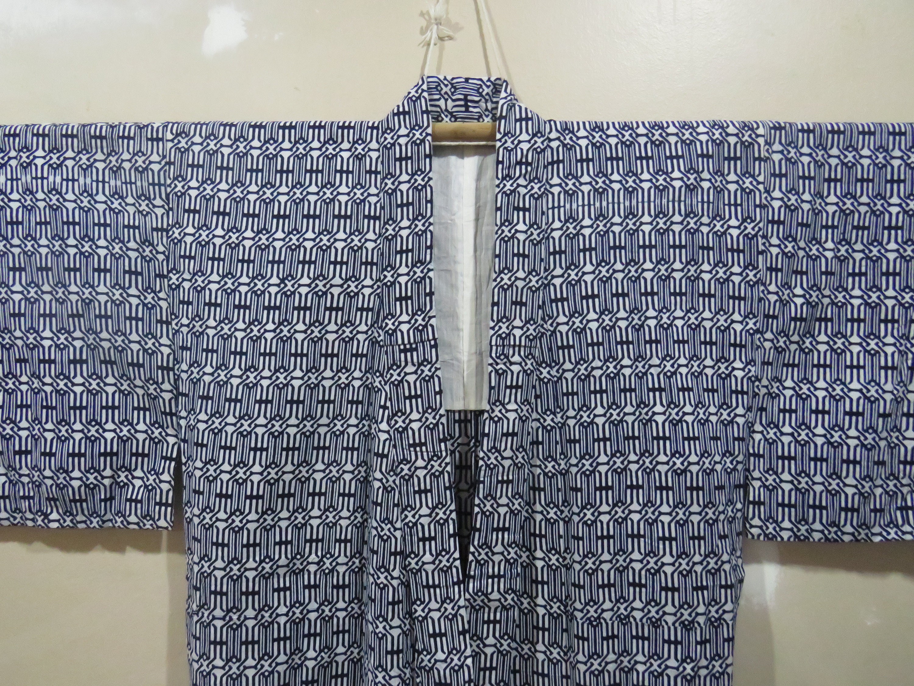 Vintage Japanese cotton yukata white blue color abstract pattern kimono robe nightwear 02JUNE22-28