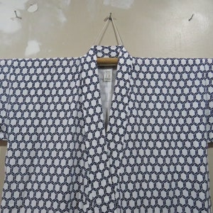 Vintage Japanese cotton yukata white blue color abstract pattern kimono robe nightwear 02JUNE22-31