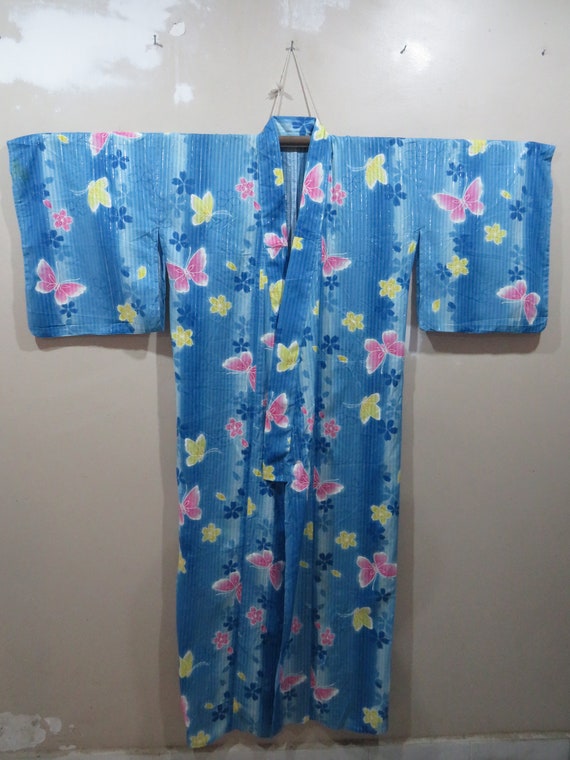 Vintage Japanese cotton yukata cerulean blue whit… - image 3