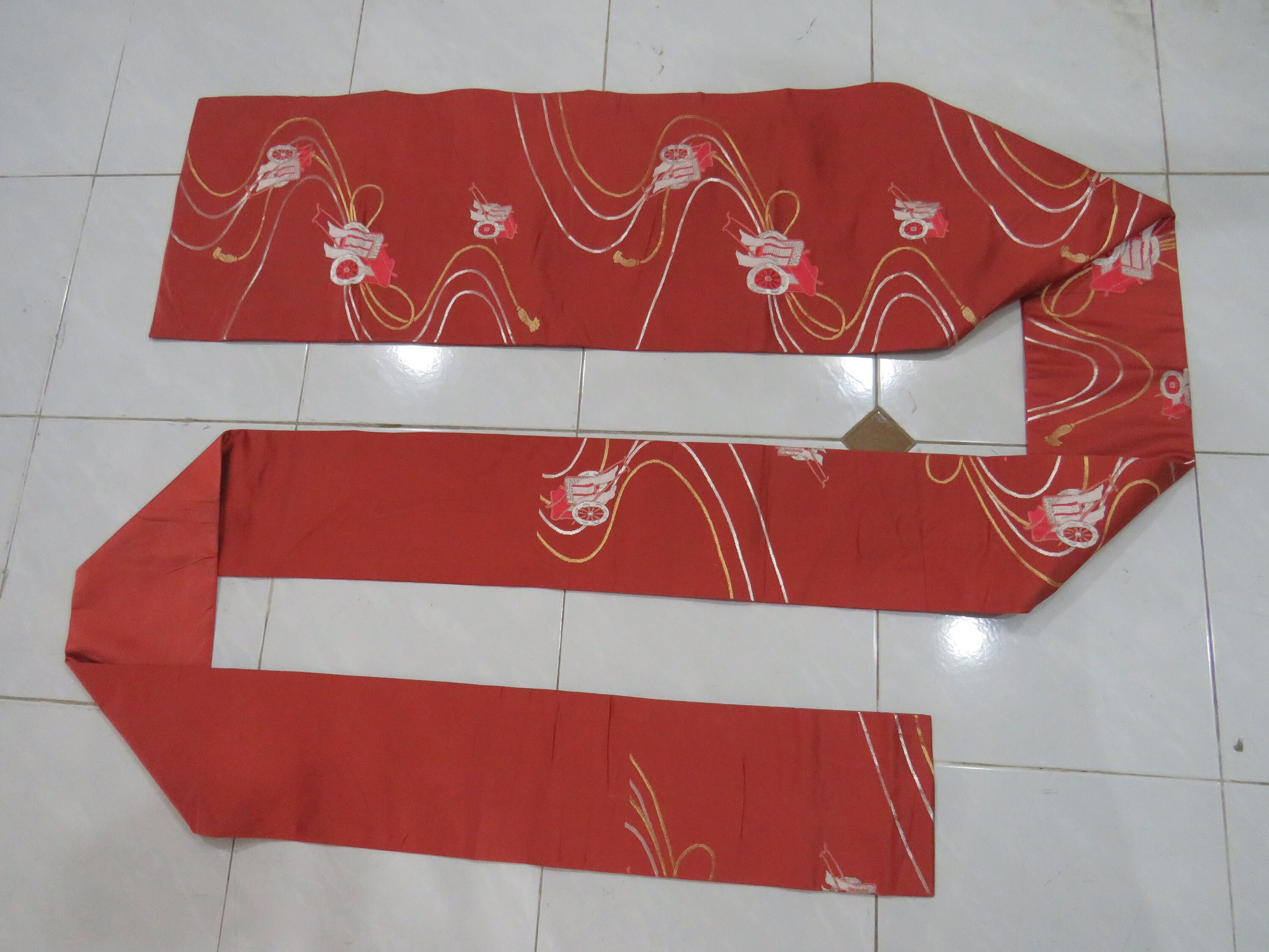 Vintage Brick Red Tiger Silk Nagoya Obi With Bullock Cart