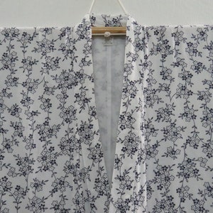 Vintage Japanese cotton yukata white blue color flower pattern kimono robe nightwear 02DECEMBER00-03