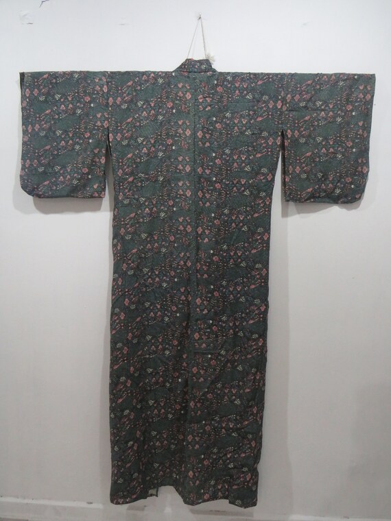 Vintage Japanese kimono dark green color flower p… - image 4