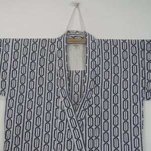 Vintage Japanese cotton yukata white blue color various shapes pattern kimono robe nightwear 15JUNE23-12