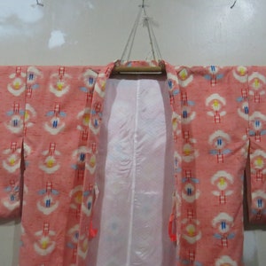 Vintage Japanese Jacket haori red rose color abstract pattern kimono robe nightwear 10JUNE22-11