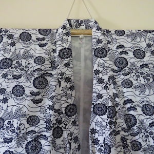 Vintage Japanese cotton yukata white and blue color flower pattern kimono robe nightwear 28JANUARY01-07
