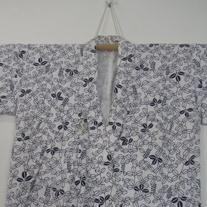 Vintage Japanese cotton yukata white blue color leaves pattern kimono robe nightwear 19MAY23-01
