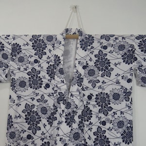 Vintage Japanese cotton yukata white blue color flower pattern kimono robe nightwear 17MAY23-10