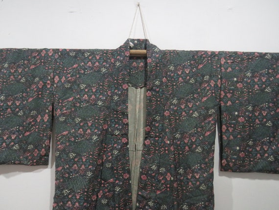 Vintage Japanese kimono dark green color flower p… - image 1