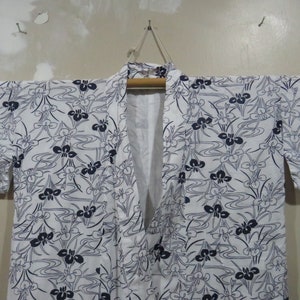 Vintage Japanese cotton yukata white blue color flower pattern kimono robe nightwear 25MAY22-18