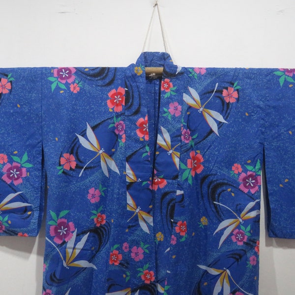 Vintage Japanese cotton yukata navy blue color flower pattern kimono robe nightwear 23NOVEMBER23-09