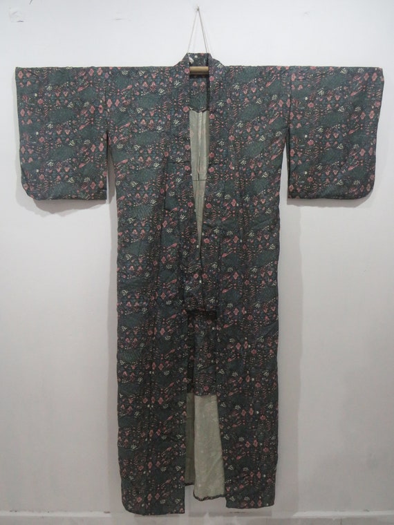Vintage Japanese kimono dark green color flower p… - image 3
