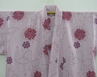 Vintage Japanese cotton yukata red blush color flower pattern kimono robe nightwear 14DECEMBER00-03