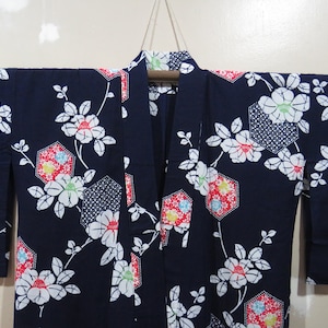 Vintage Japanese cotton yukata blue color flower pattern kimono robe nightwear 08FEBRUARY23-10