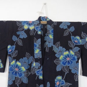 Vintage Japanese cotton yukata dark blue color flower pattern kimono robe nightwear 30MAY23-01
