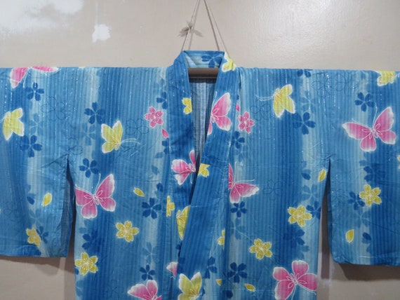 Vintage Japanese cotton yukata cerulean blue whit… - image 1