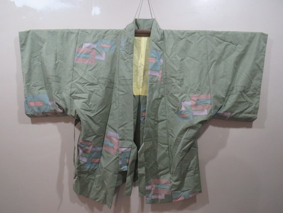 Vintage Japanese Jacket haori green tea color squ… - image 3