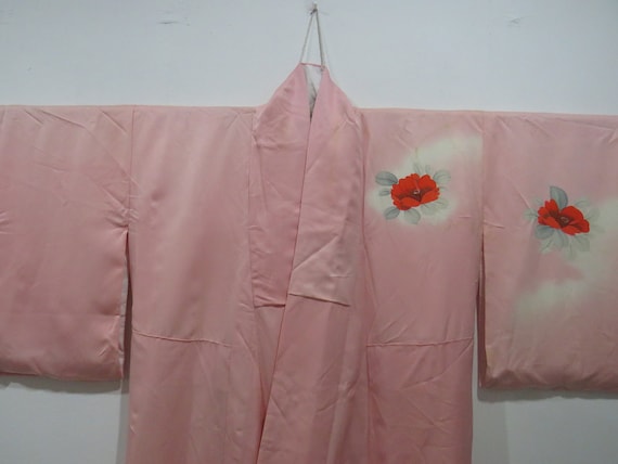Vintage Japanese kimono soft pink color flower pa… - image 1
