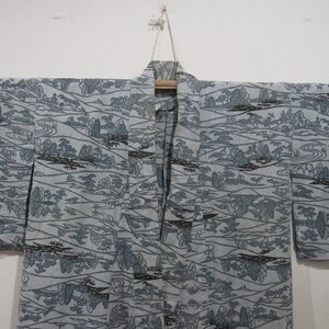 Vintage Japanese cotton yukata grey color plants pattern kimono robe nightwear 28JUNE23-03