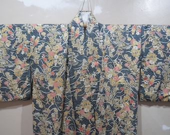 Vintage japanischer Kimono blau Farbe Blumenmuster Kimono Robe Nachtwäsche 19AUGUST22-01