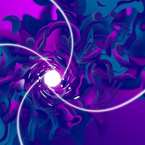 May include: Abstract digital art with swirling blue and purple shapes. A white glowing orb is in the center of the swirling shapes.