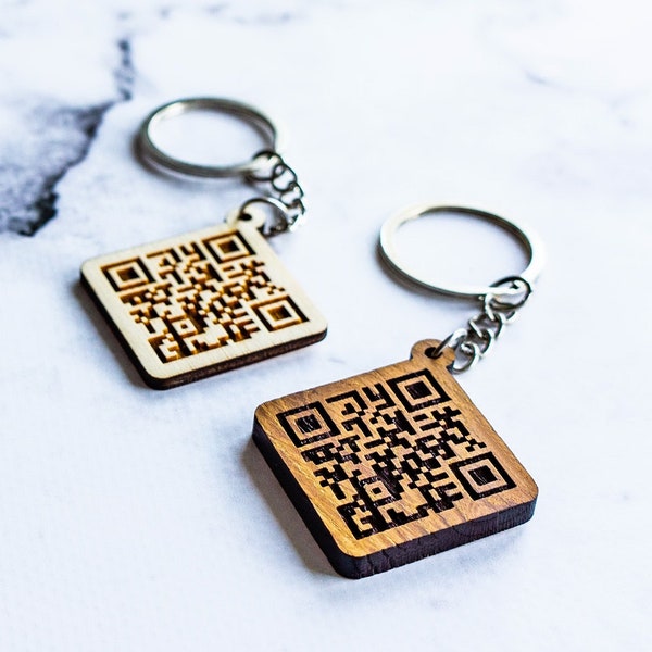 Personalized Wood QR Code Keychain, Custom Text Encrypted in QR-Code Keychain, Engraved Music Code Keychain, Website, Photo Sharing Keychain