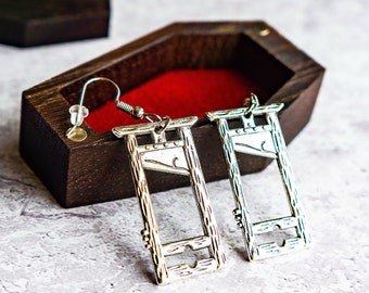 Guillotine Dangle Earrings with Custom Engraved Wooden Coffin Jewelry Box, French Guillotine Earrings, Medievel Dangles Spooky Jewelry