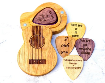 Personalized Ukulele Guitar Pick Box with Engraved Pick | Custom Plectrum Pick Holder Wooden Engraved Guitar Pick Case Musician Guitar Gift