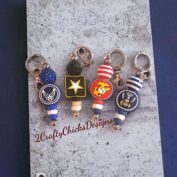 3 inch Bar keychain with Army, Navy,Air Force, and Marine focal beads and and other assorted beads