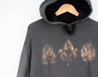 Three Leaf Bleach Dyed Hoodie Charcoal Grey Pullover Nature Inspired Forest Hooded Sweater by Bare Canvas