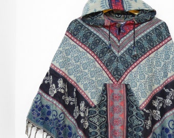 Hooded Blanket Poncho with Pocket - Grey, Green and Blue