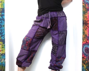 Pantalon patchwork violet avec poches et taille élastiquée Pantalon de festival hippie unisexe ample coupe ample