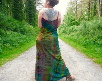 Green Rainbow Tie Dye Maxi Dress Boho Summer Hippy Festival Dress Bohemian Hippie Colourful Holiday Dress